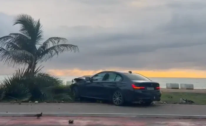 BMW desvia de motociclista, invade calçada e derruba coqueiro na orla de Maceió