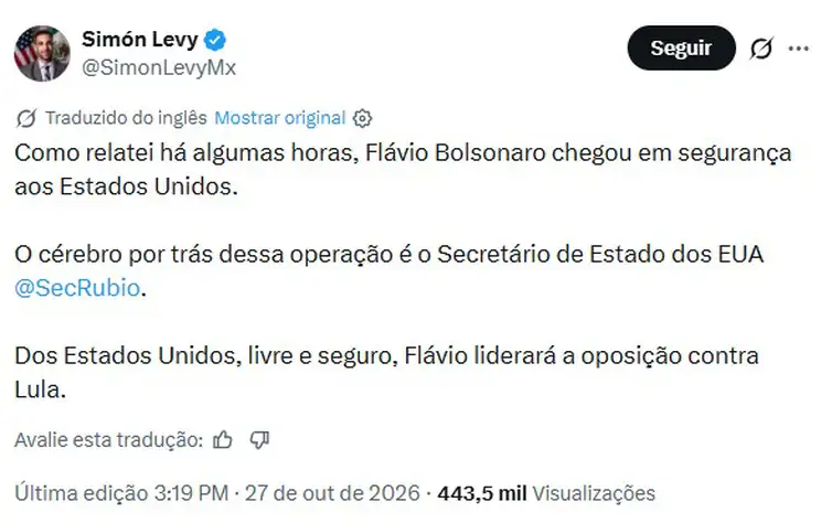 Aliado de Donald Trump diz que Flávio Bolsonaro está nos Estados Unidos